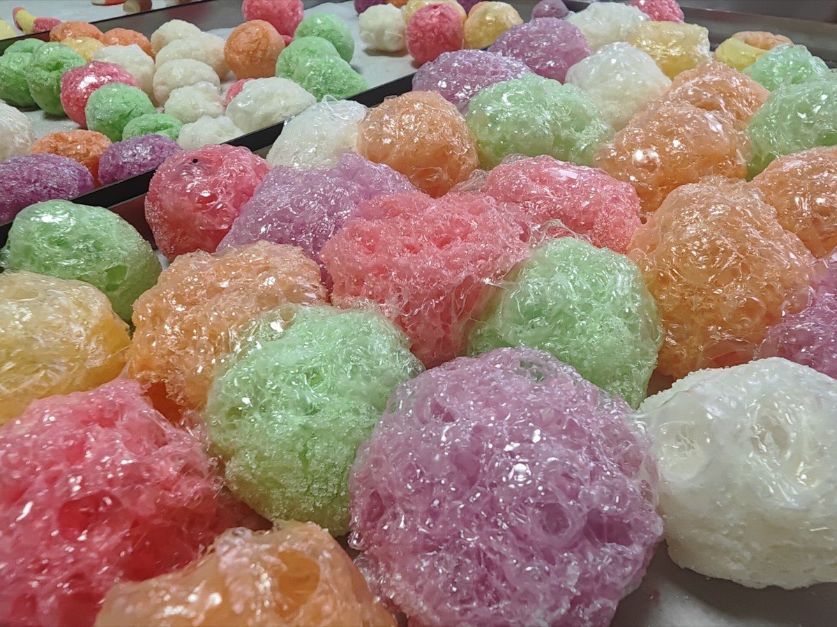 Expanded freeze dried candy pieces from a commercial test batch