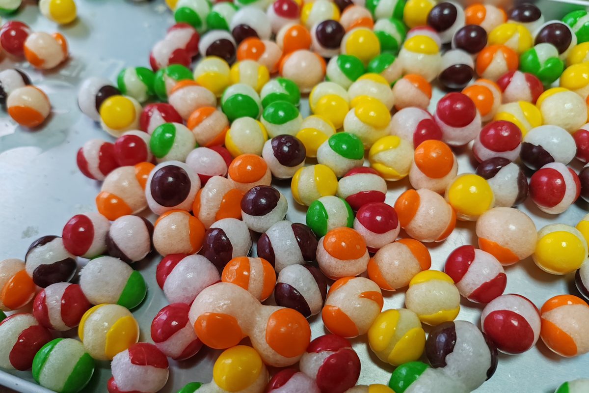 Dense candy tray used to compare freeze dryer loading behavior