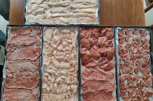 Food products arranged on trays for a commercial freeze drying trial