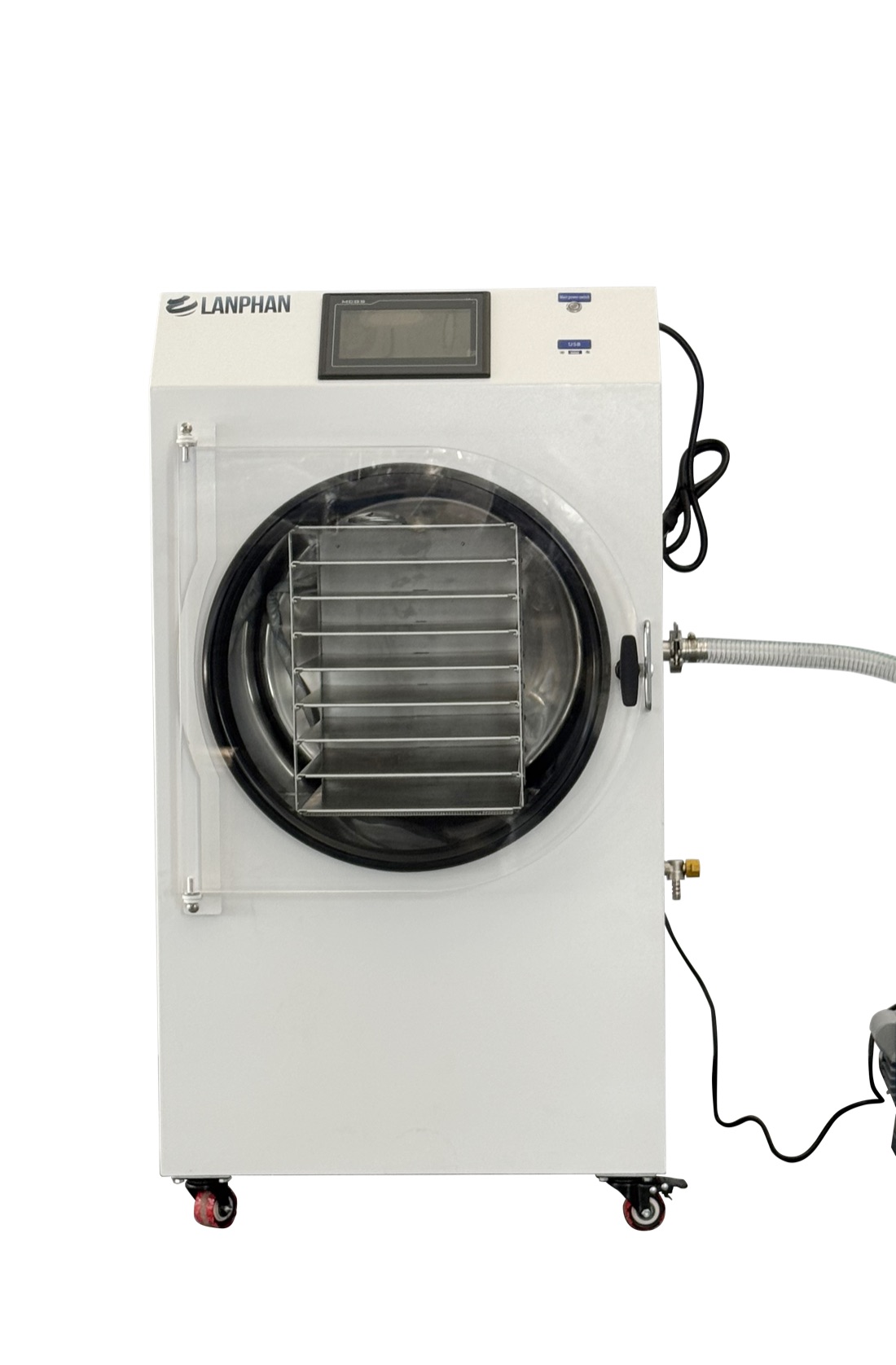 Lanphan HFD-8 freeze dryer with eight-level tray rack visible in the chamber and external vacuum connection