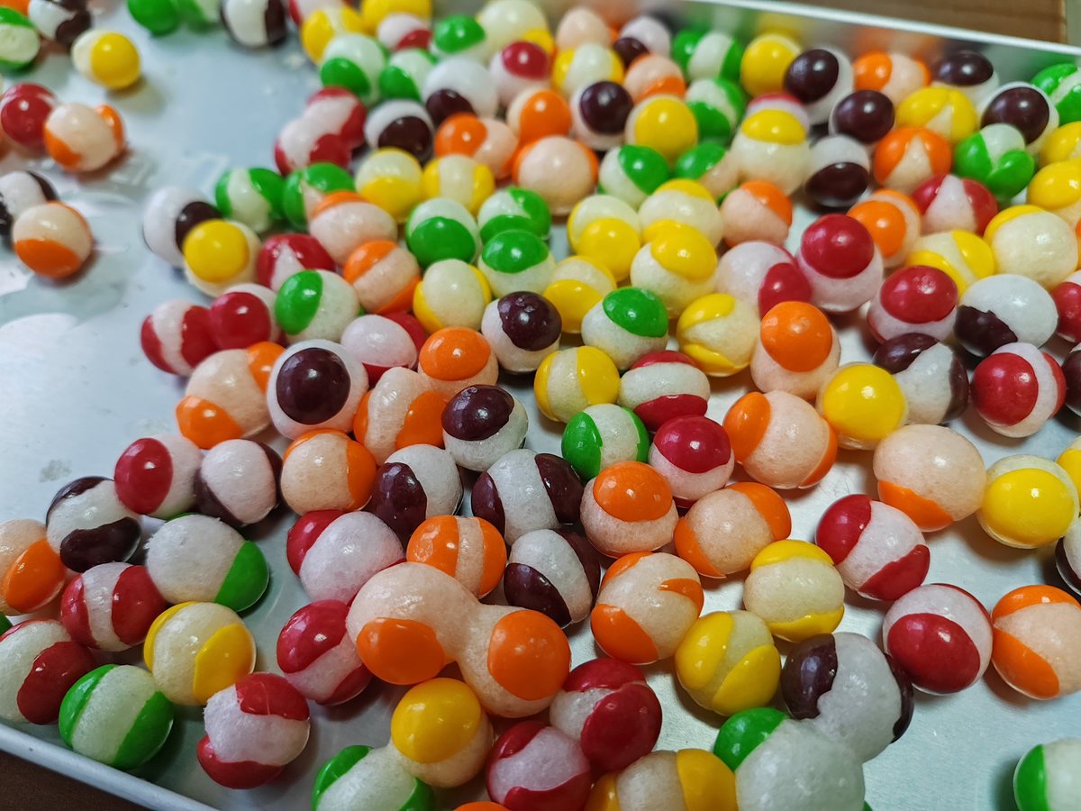 Dense colorful candy tray used to check small freeze dryer loading