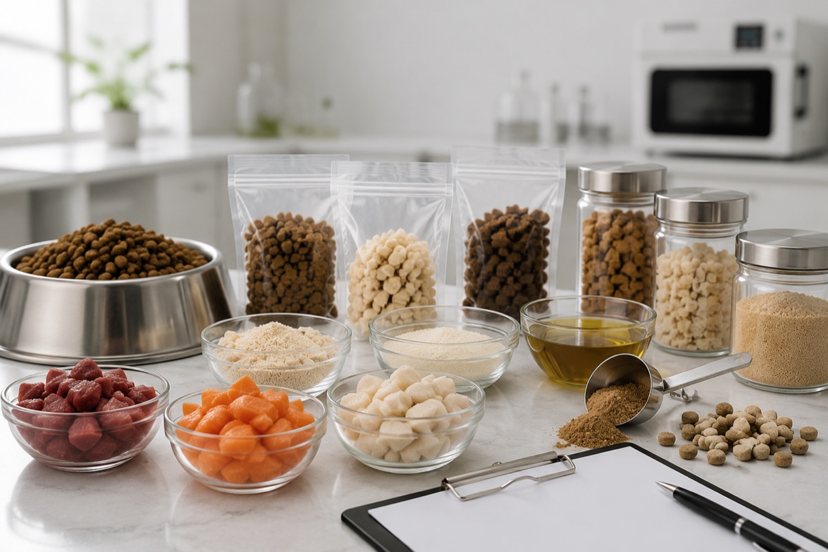 Pet food pieces, protein ingredients and powders prepared for freeze drying evaluation